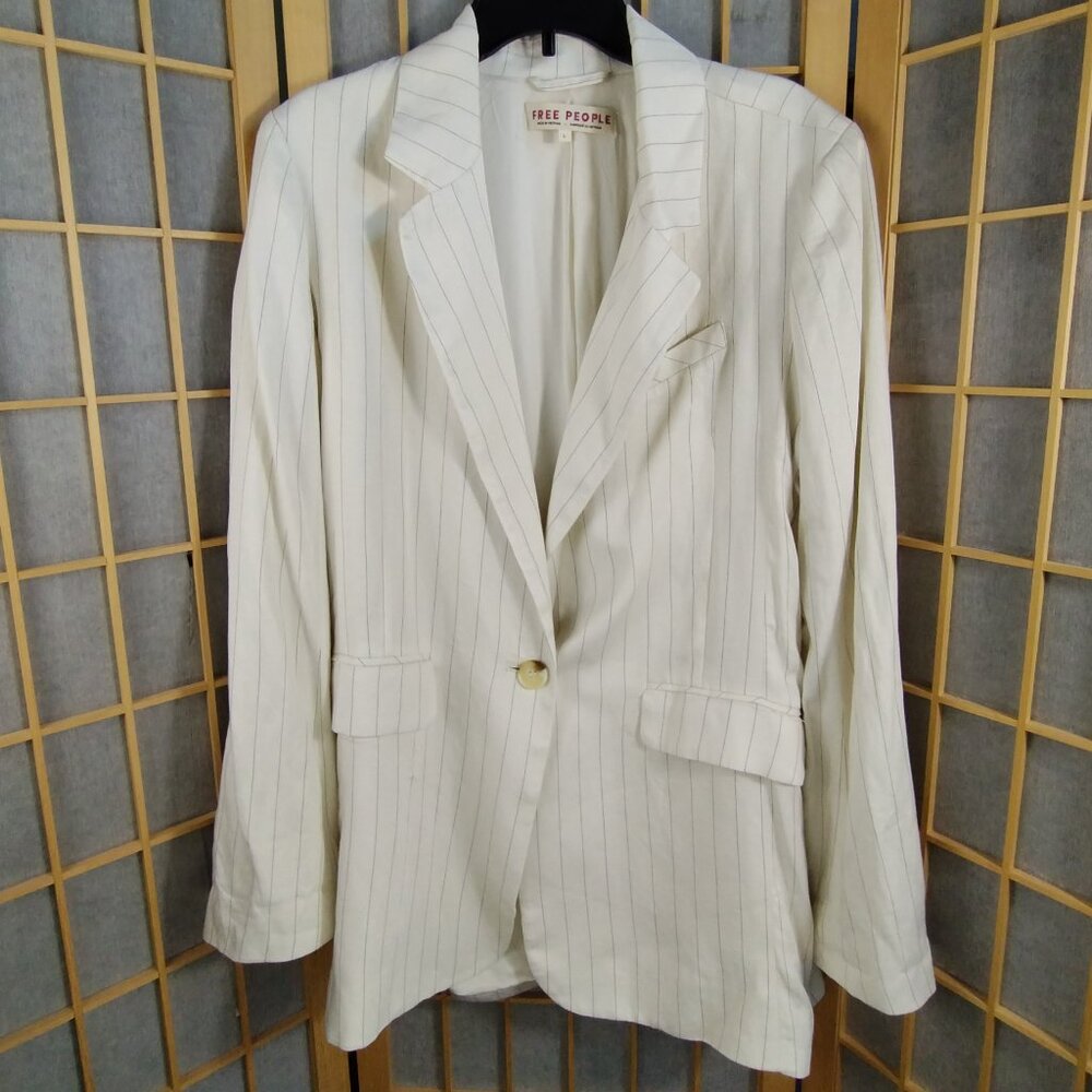 Free People Menswear Crosby Oversized Linen Blend Blazer Ivory Pinstripe Size L - Picture 2 of 13